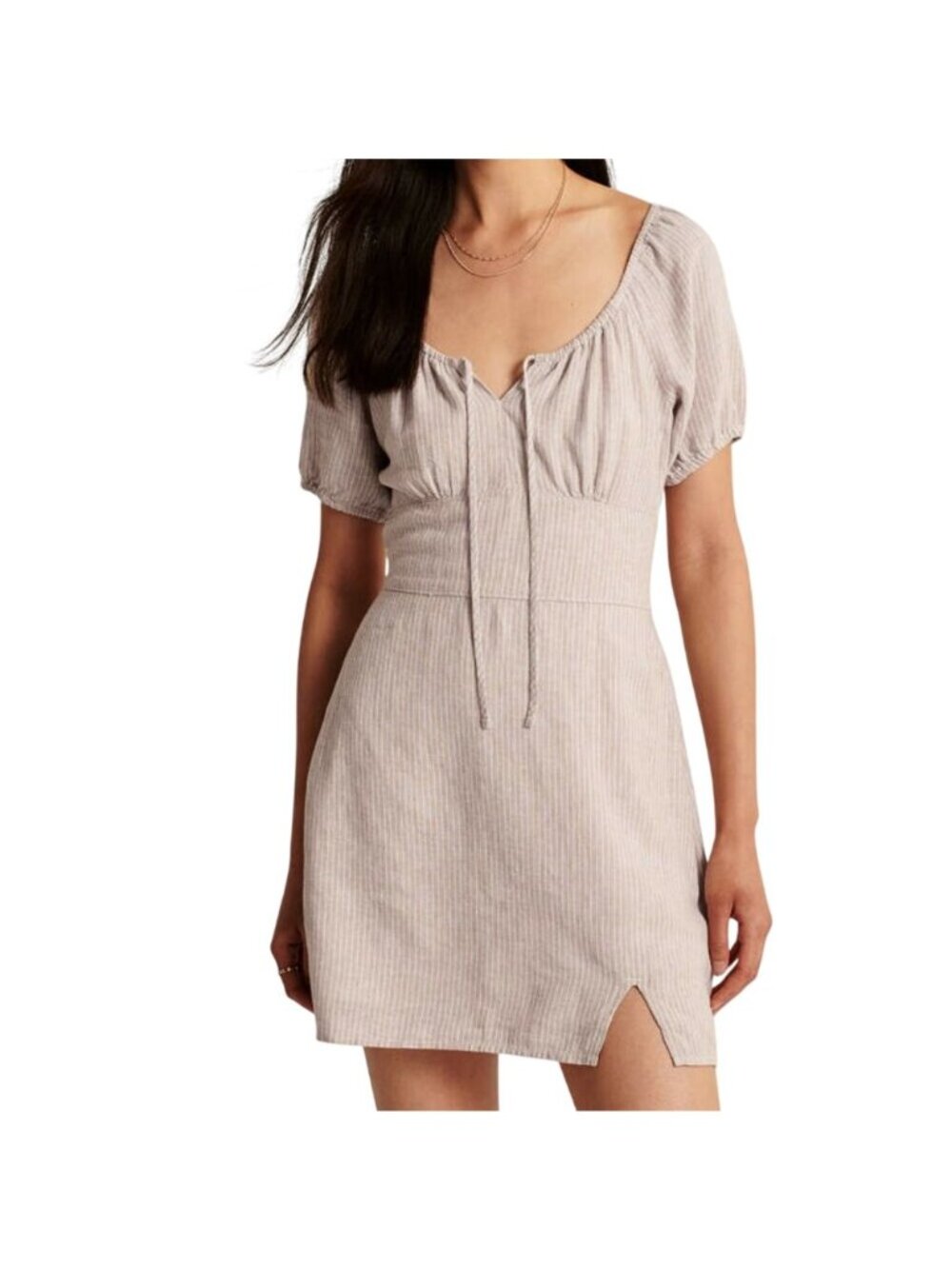 Abercrombie & Fitch Mini Dress XS Striped Short Sleeve Linen Blend Beige White